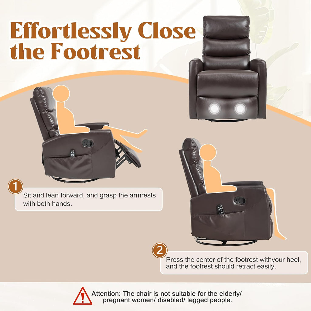 Manual Swivel Rocker Recliner Chair for Adults, Overstuffed Reclining Glider Chair for Nursing with Vibration Massage & Heat, Living Room Rocking Recliner 3-Stage backrest, Faux Leather Brown