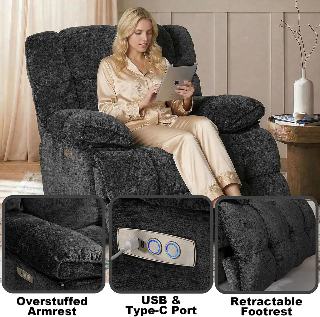 GINGO Power Oversized Recliner Chair, Extra Wide Swivel Rocking Recliner Chair, Breathable Soft Fabric Modern Single Sofa for Living Room, 90°-140° Electric Adjustable Angle, USB & Type-C Port, Black