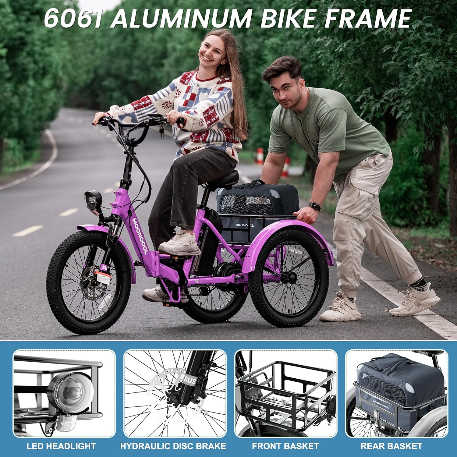 MOONCOOL Folding Electric Tricycle for Adults, 48V 500W 3 Wheels Electric Trike, Aluminum Frame Electric Tricycle Adult Bicycle with Removable Battery, Storage Bags Included