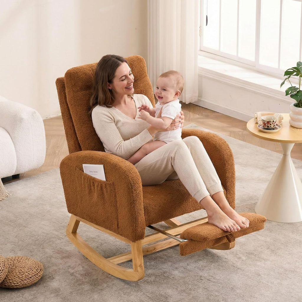 NIOIIKIT Rocking Chair Nursery, Teddy Upholstered Glider Chair with Footstool, Tufted Rocker Recliner Chair with Side Pocket, Comfy Glider Accent Chair for Living Room (Brown Teddy)