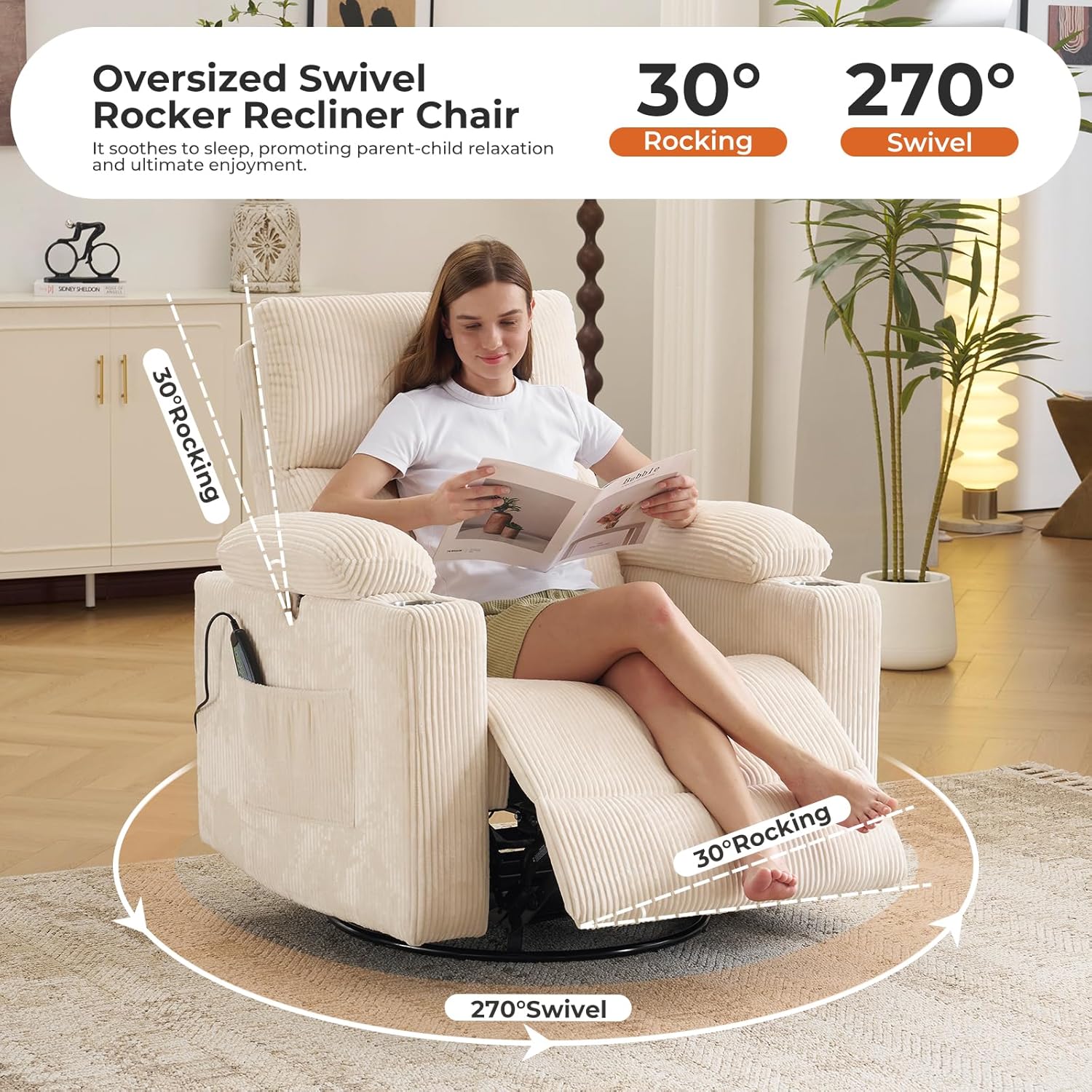 Oversized Power Recliner Chair Swivel Glider with Massage and Heat, Swivel Rocker Recliner with Adjustable Armrests, Nursery Chair with Adjustable Headrest, Rocker Nursery Recliner, Corduroy Beige