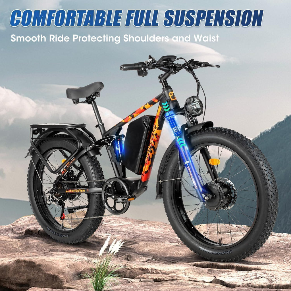 Forester 5000W Peak Dual Motor Electric Bike - 45 MiIe P-hour High-Speed, Fat Tire Ebike with 60V 25Ah Battery, 100+ Mile Range, Full Suspension & Hydraulic Brakes for Adult Off-Road Commuting