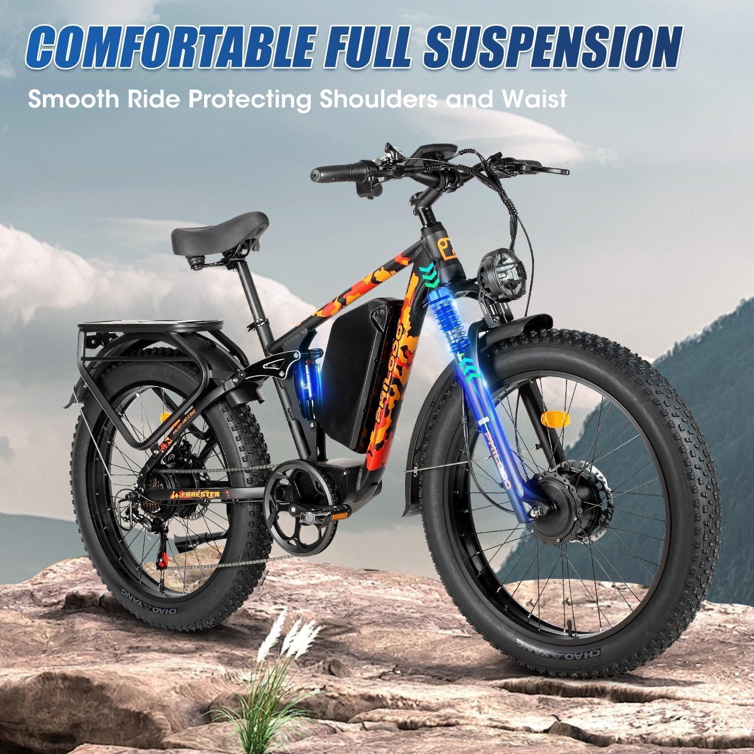 Forester 5000W Peak Dual Motor Electric Bike - 45 MiIe P-hour High-Speed, Fat Tire Ebike with 60V 25Ah Battery, 100+ Mile Range, Full Suspension & Hydraulic Brakes for Adult Off-Road Commuting