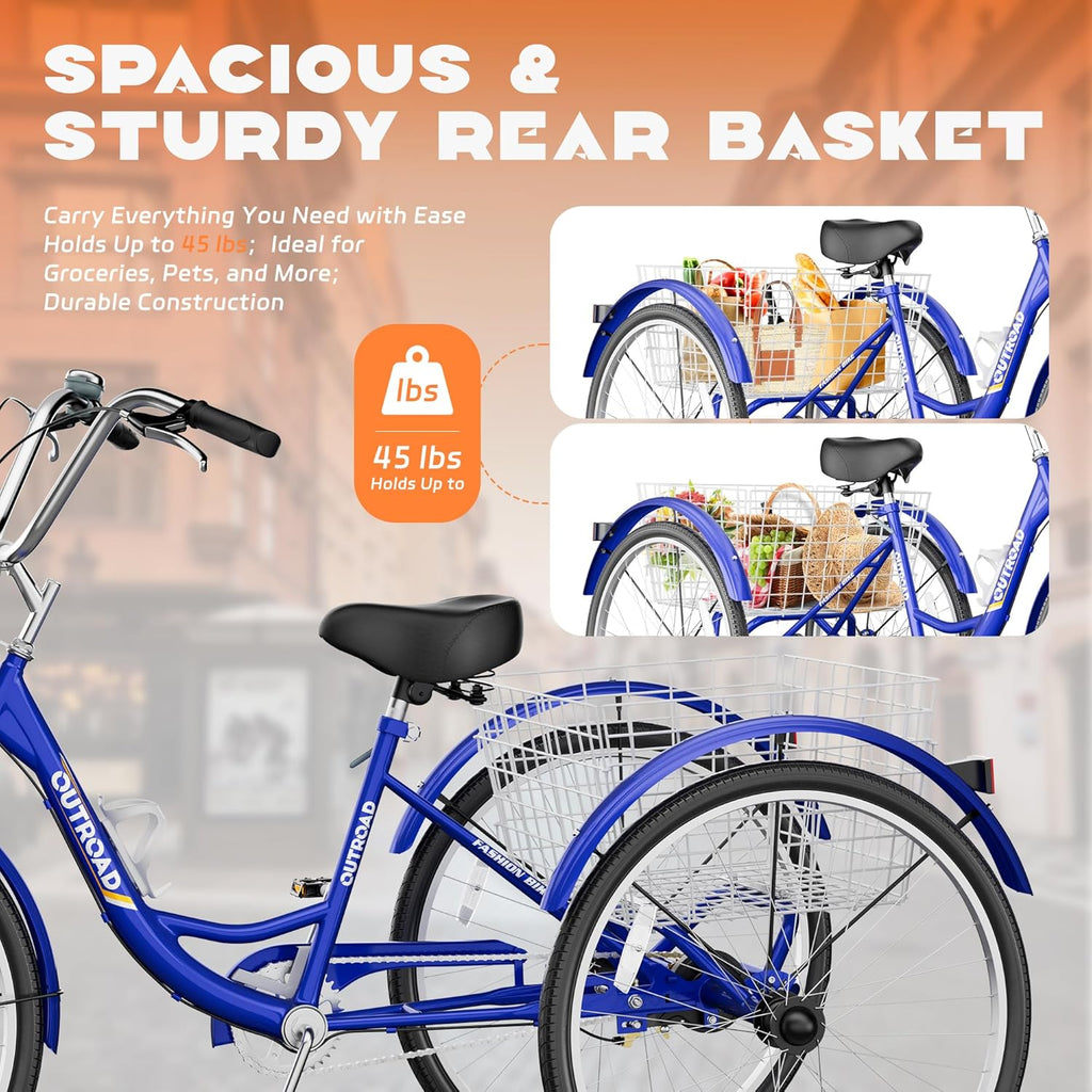 Max4out Adult Tricycle with Large Basket 24/26 Inch, Stable 3 Wheel Cruise Bicycle for Shopping, Beach and City Trike Perfect for Men, Women, Seniors（Blue/Purple/Red）