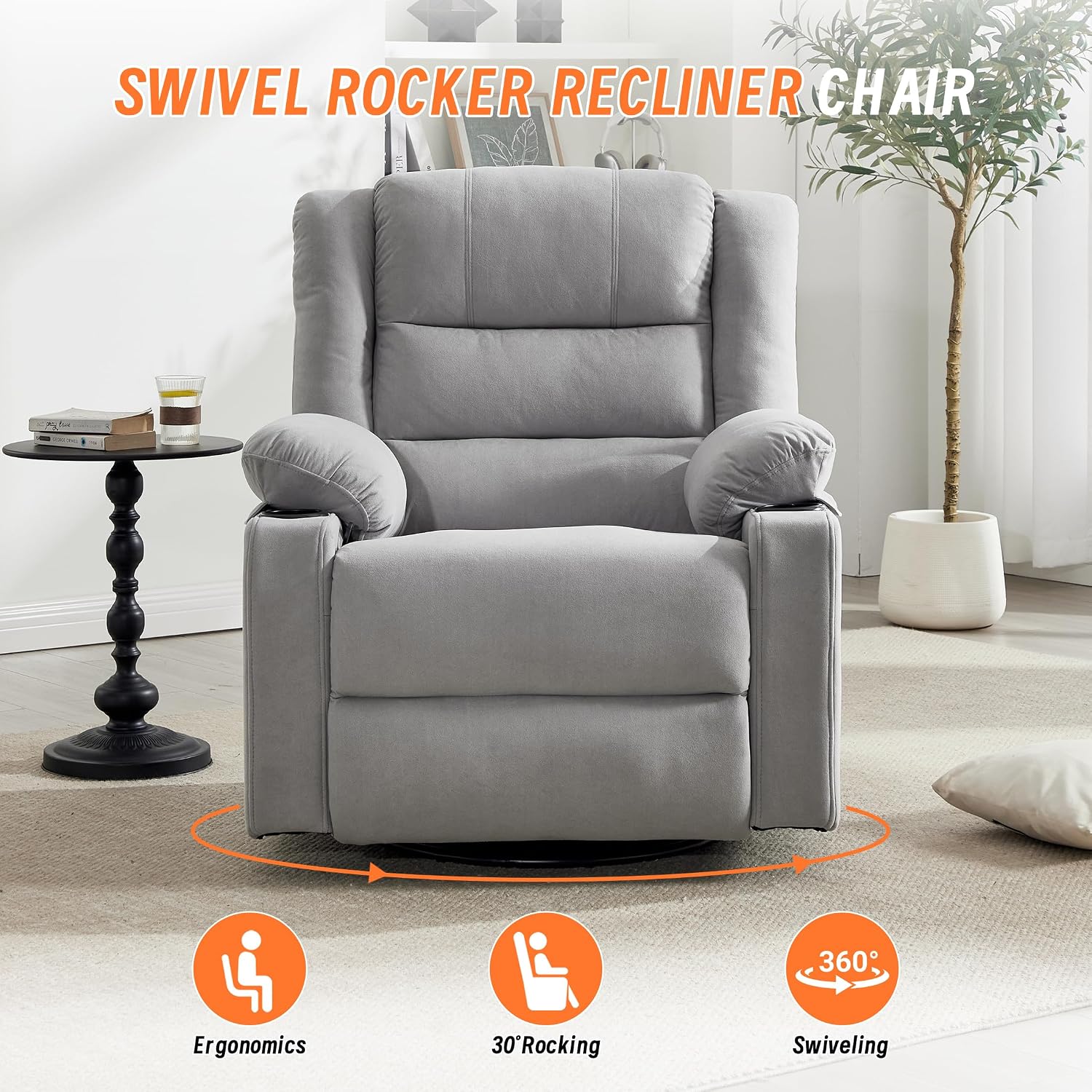 360°Swivel Rocker Recliner Chair for Adults,Manual Glider Recliner Sofa with Massage and Heating, Nursery Rocking Chairs with Cup Holds for Living Room Bedroom (Light Gray)