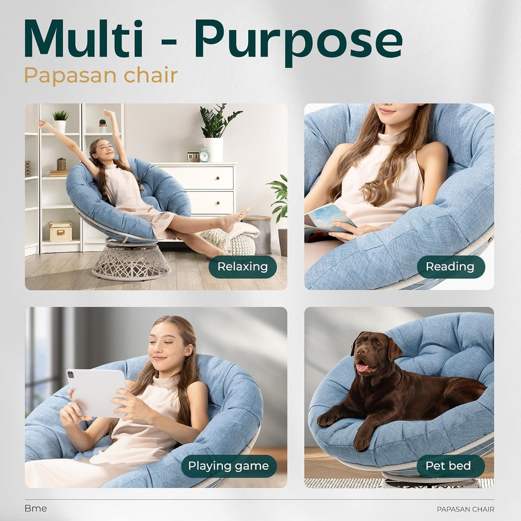 Bme 40' Ergonomic Wicker Papasan Chair with Soft Thick Density Fabric Cushion, High Capacity Steel Frame, 360 Degree Swivel for Living, Bedroom, Reading Room, Lounge, Serene Oasis - White Base