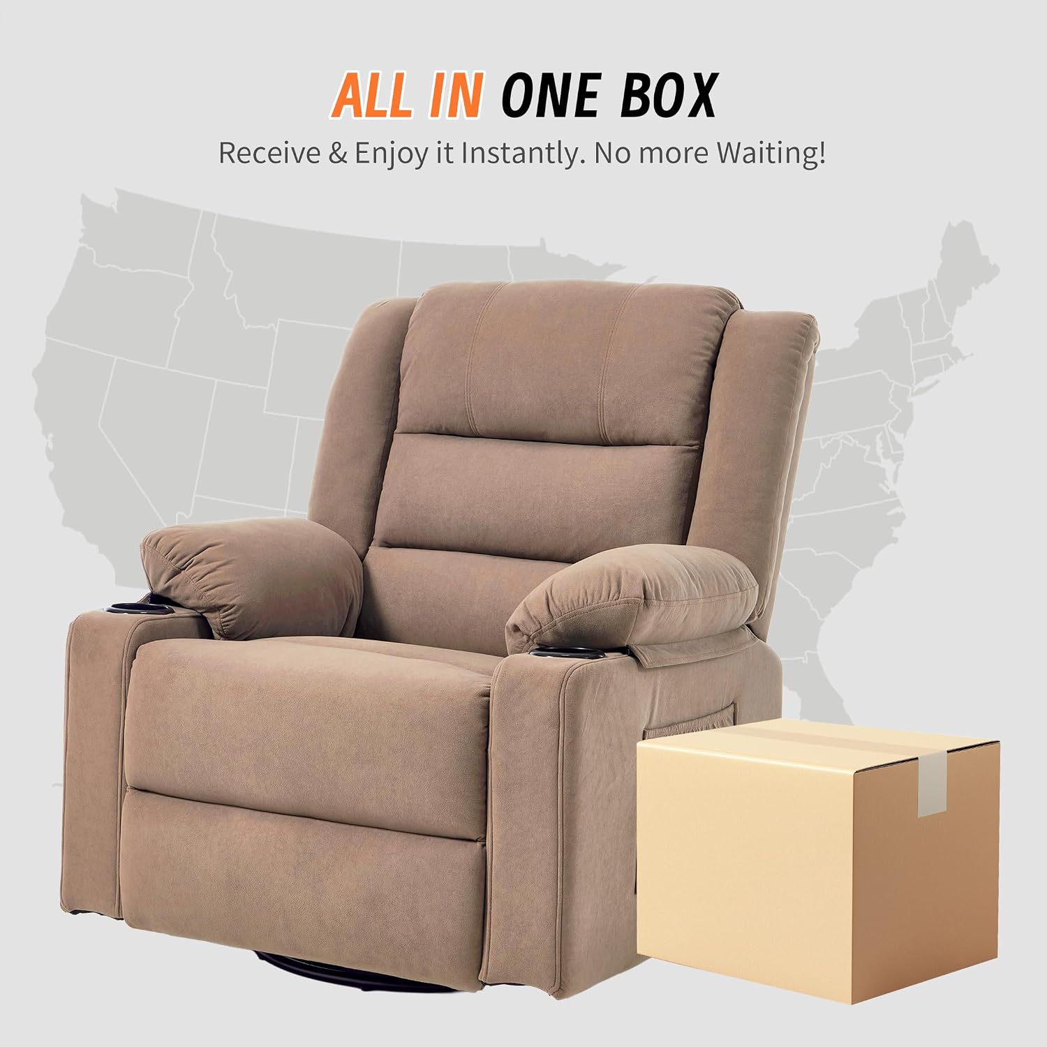 360°Swivel Rocker Recliner Chair for Adults,Manual Glider Recliner Sofa with Massage and Heating, Nursery Rocking Chairs with Cup Holds for Living Room Bedroom (Light Mocha)