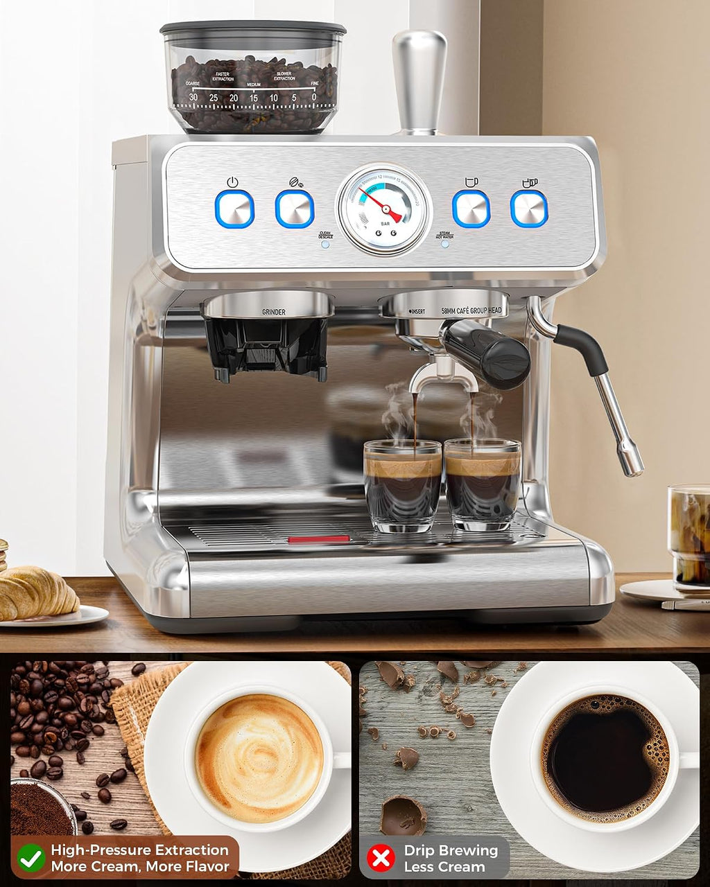 Electactic 20 Bar Espresso Machine with Grinder & Milk Frother, 58mm Expresso Coffee machines, Stainless Steel Coffee Maker for Cappuccino and Latte, Perfect for Home and Café Use-Single Boiler