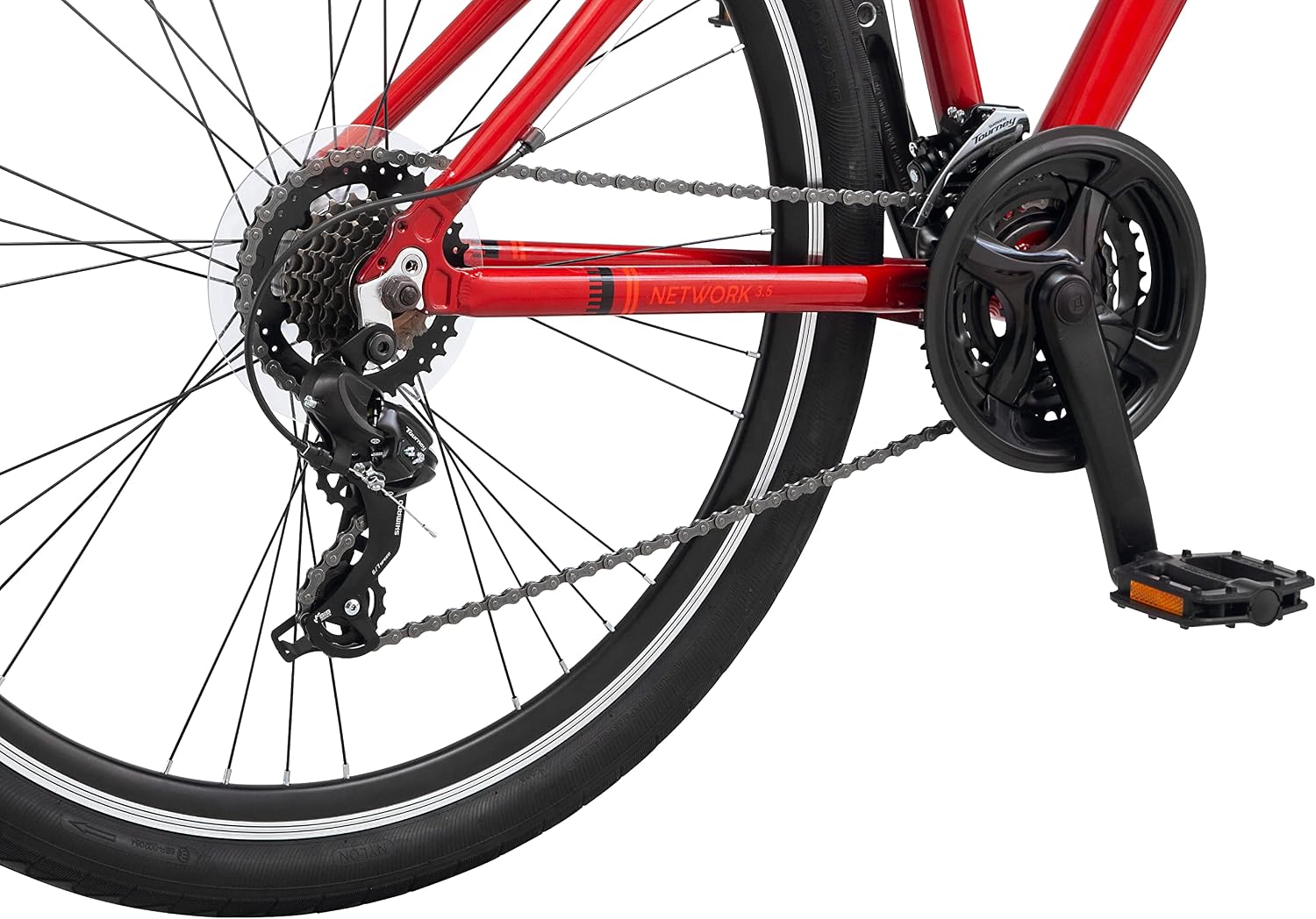 Schwinn Network 3.5 Hybrid Bike, Mens and Womens Bike, 21-Speed Hybrid Bicycle, Aluminum Frame, Suspension Seat, Alloy Linear Pull Brakes, Adult Bicycle