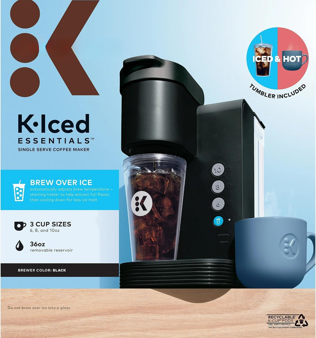 K-Iced Essentials Coffee Maker, Single-Serve KCup Pod Brewer with Removable Reservoir and Auto-Off, Energy Efficient, Includes K Iced Tumbler, Compact, Black