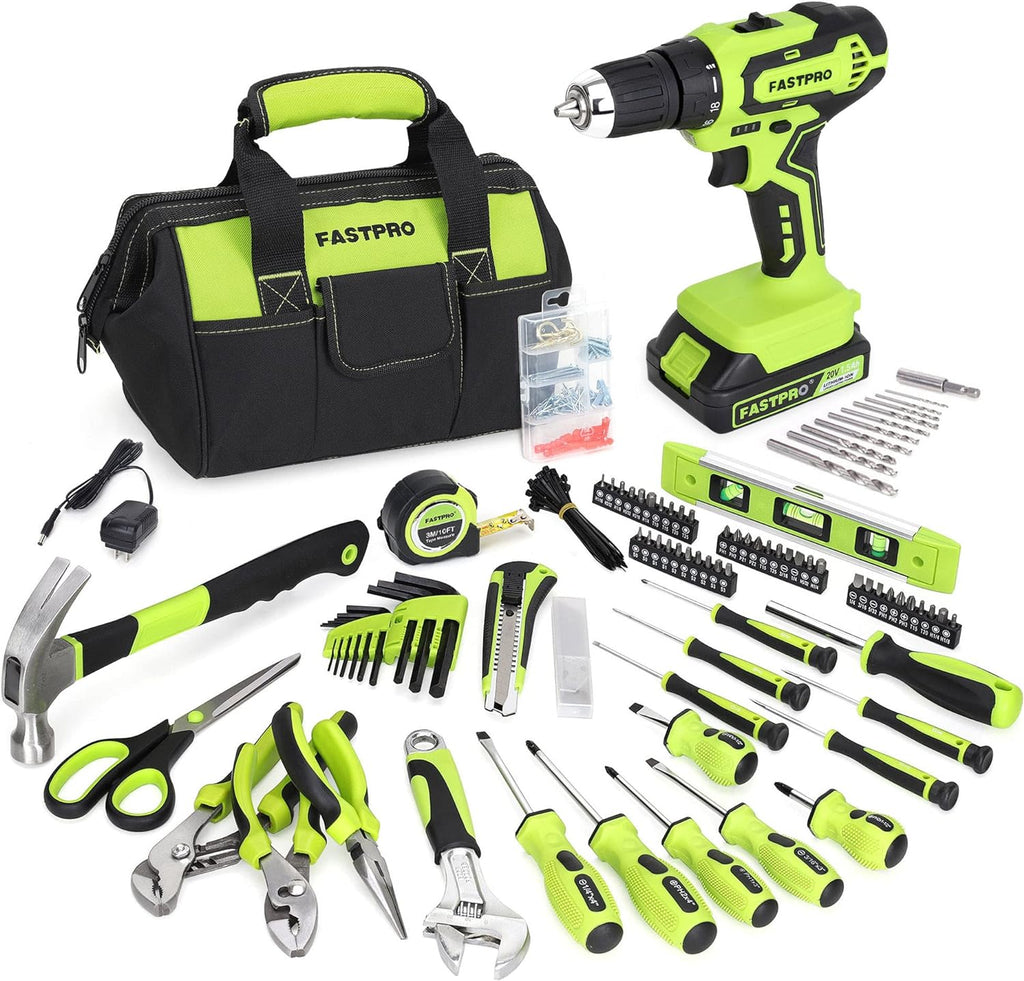 FASTPRO 232-Piece Home Tool Set with Drill, 20V Cordless Drill Driver, Household Repairing Tool Kit with Drill, 12-Inch Wide Mouth Storage Tool Bag Included, Green