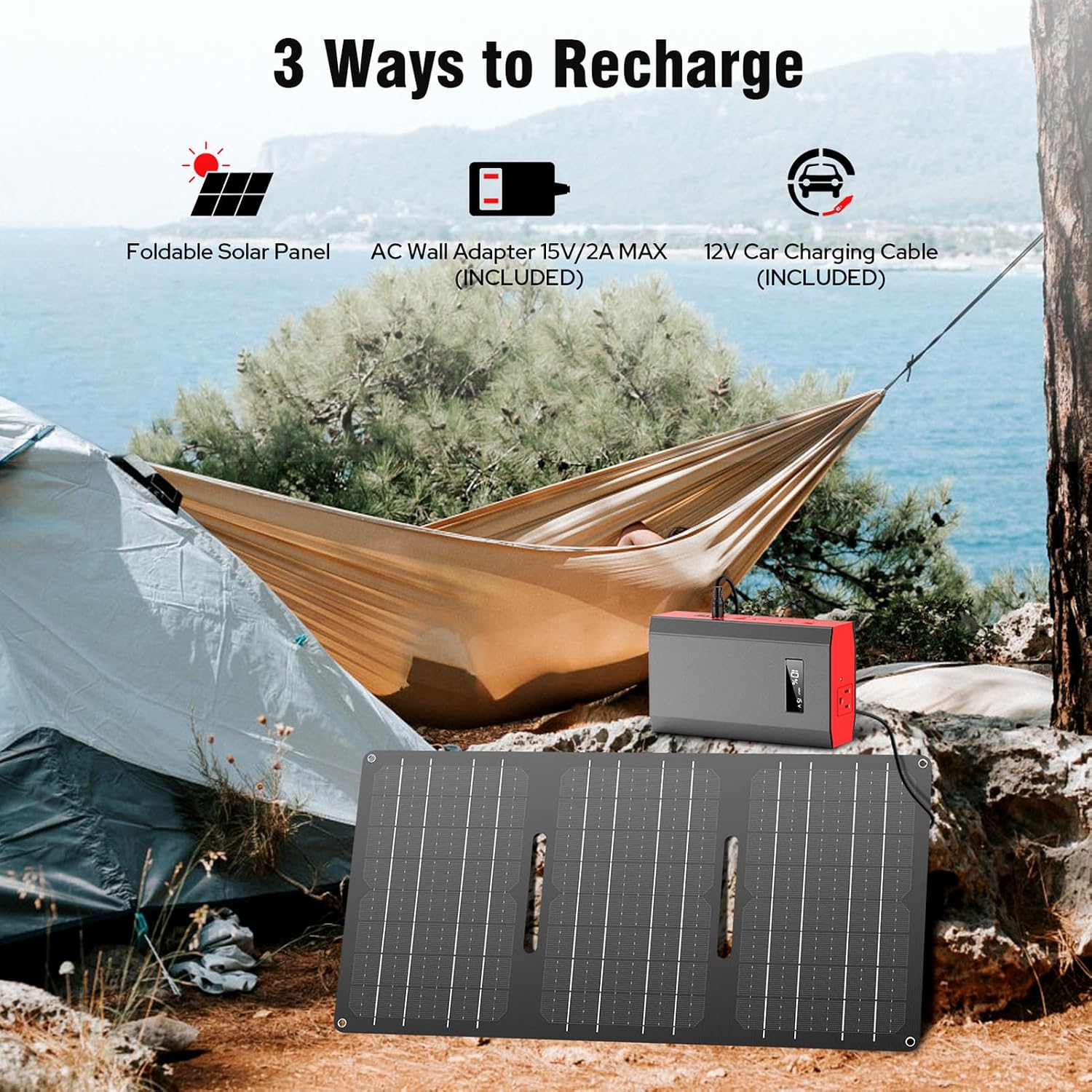 Portable Solar Power Station with Foldable Solar Panel 60W, 300W 110V AC Outlet Portable Solar Power Pack Generator with Panels, Camping 65W Power Bank with DC for Laptop Smart Device RV Outdoor