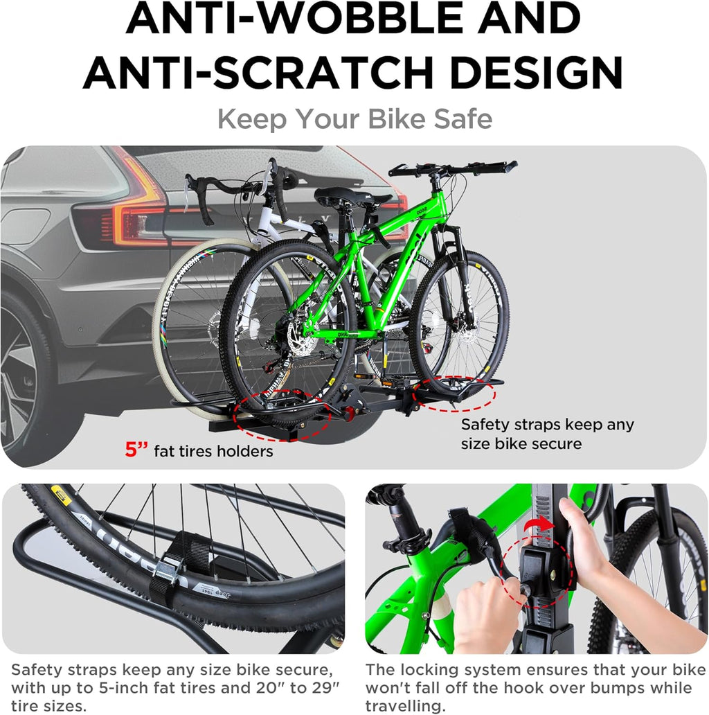 Young Bike Rack for Car, 200 lbs Capacity Hitch Mount 2-Bike Rack with Lock, Heavy Duty Carrier for Fat Tire Bikes Fits SUV Truck RV Van Trailer