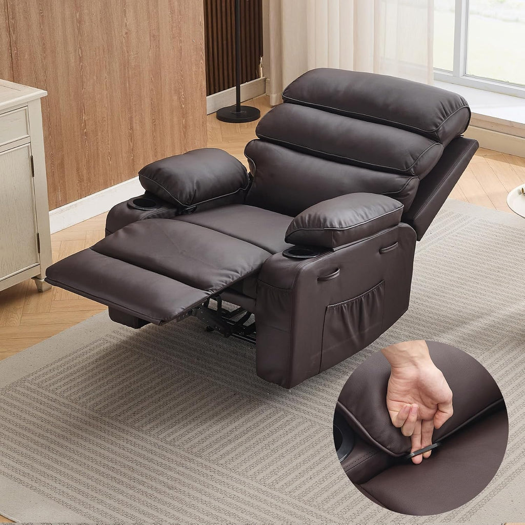 PU Leather Extra Wide Manual Recliner for Adults with Massage and Heat, Large Lazy Chair with 1.5X Sponge Comfort Arm and Back for Living Room, Bedroom