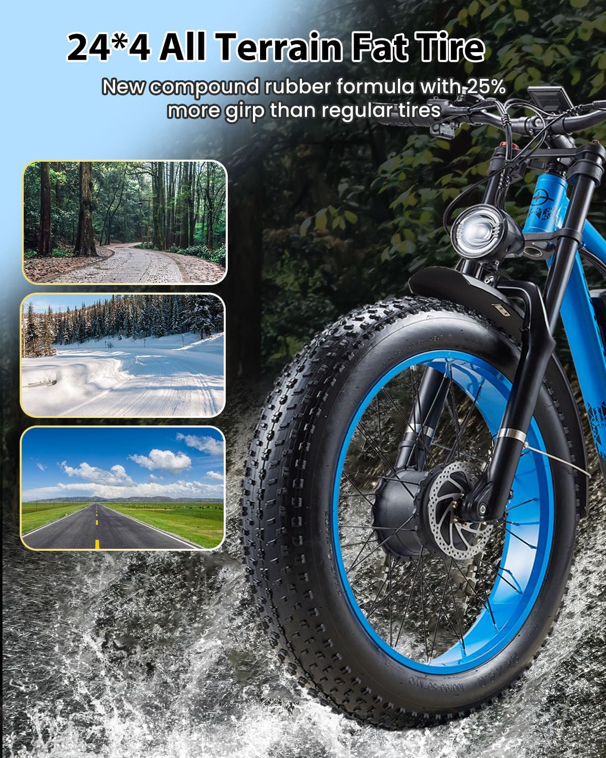 Peak 3000W Dual Motor Ebike for Adults, 48V 25AH Long Range Electric Mountain Bike, 30-34MPH Step-Thru Unlocked Electric Bike, 24'Fat Tires & Full Suspension,Conquer Mountains, Snow, Sand & Roads,Blue
