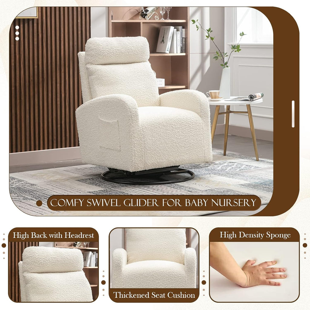 Modern Swivel Glider Chair, Upholstered Accent Glider Rocker for Baby Nursery, Comfy Tall Back Rocking Armchair with Side Pocket and Headrest for Living Room, Bedroom, White Teddy Fabric