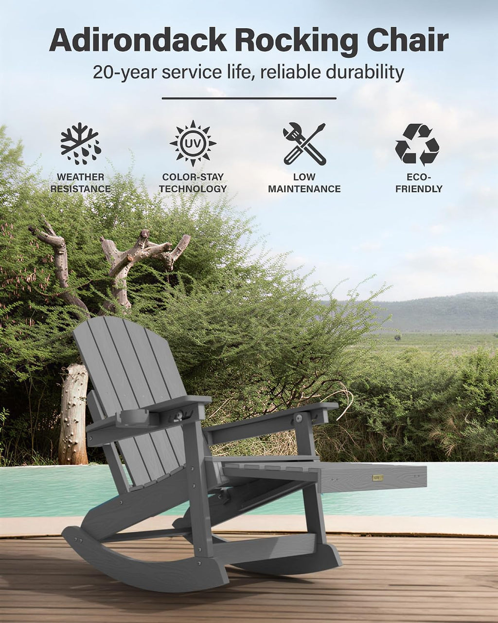 YEFU Adirondack Rocking Chairs Set of 2, Adjustable Adirondack Chair with Retractable Ottoman,Outdoor Rocking Chair,Rockings Chairs Outside,Weather Resistant,for Patio,Porch,Lawn,Heavy Duty,Grey