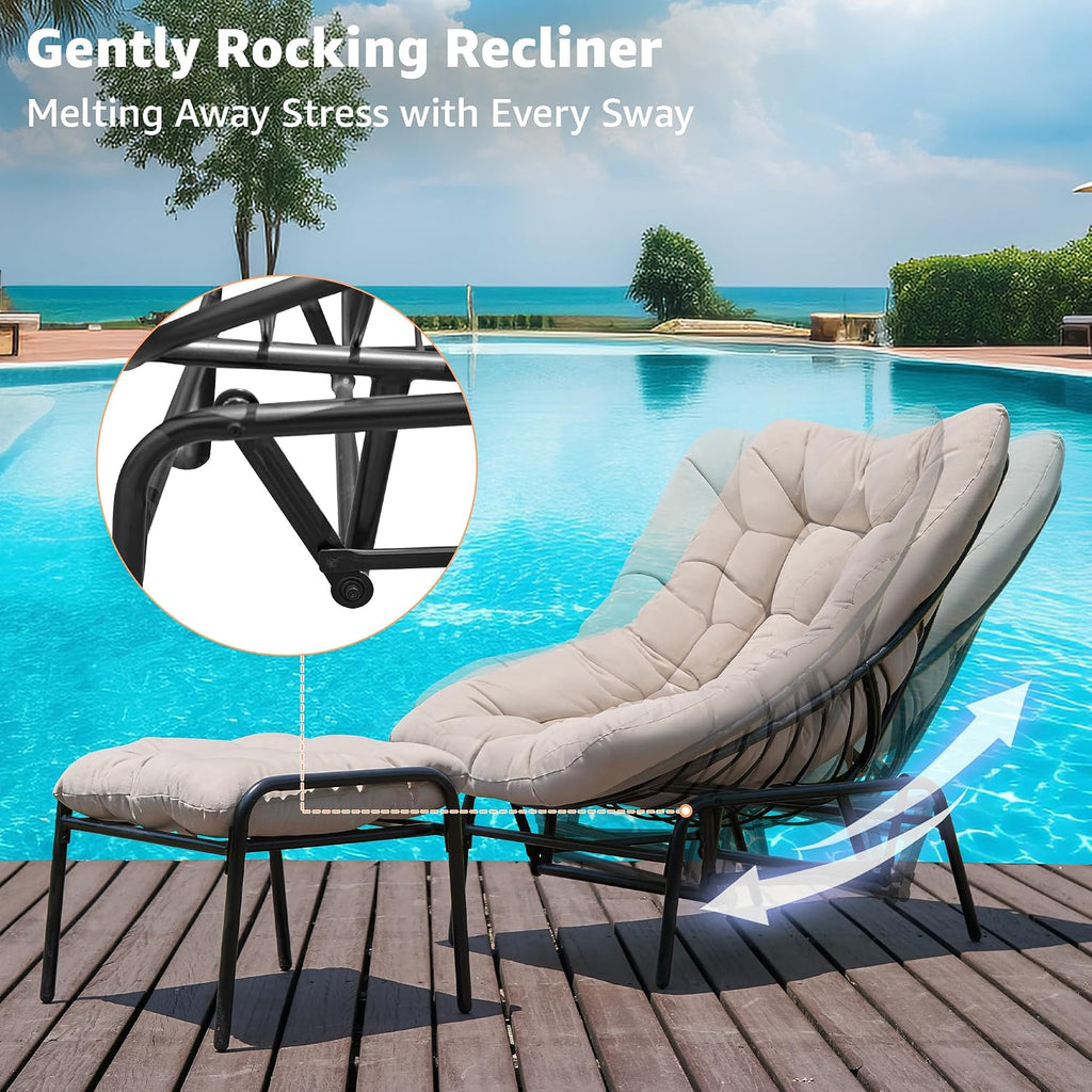 NATURAL EXPRESSIONS Lounge Chair Outdoor with Ottoman, 2-Piece Gentle Rocking Chaise Lounge Set, 4.7' Olefin Cushion & Sturdy Frame, Glider Rocking Chair for Indoor Outdoor Use