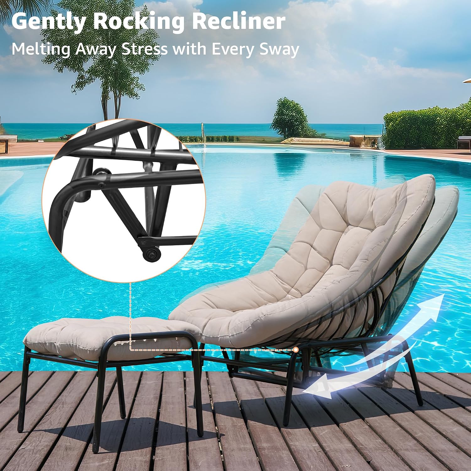 NATURAL EXPRESSIONS Lounge Chair Outdoor with Ottoman, 2-Piece Gentle Rocking Chaise Lounge Set, 4.7' Olefin Cushion & Sturdy Frame, Glider Rocking Chair for Indoor Outdoor Use