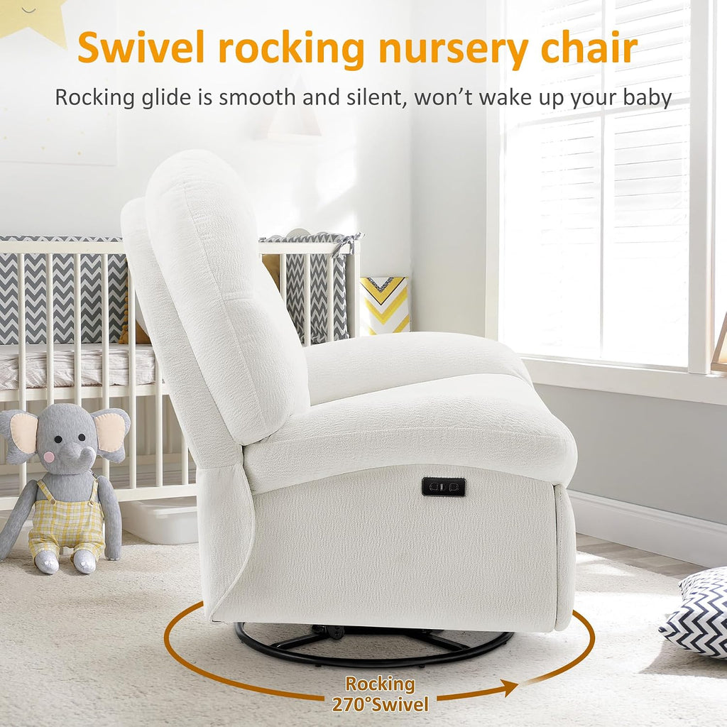 VANOMi Power Recliner Chair with USB & Type-C Charging, 270° Swivel Glider Rocker, Electric Nursery Recliner for Living Room, Bedroom, and Office, White