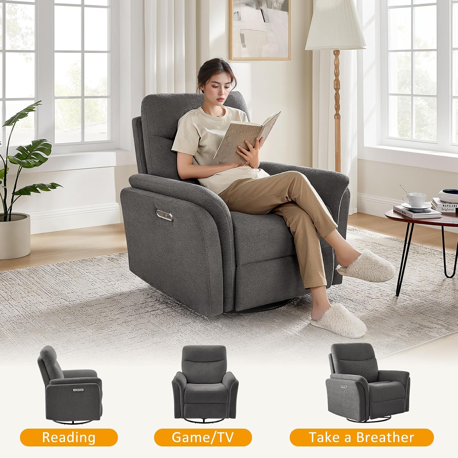 VANOMi Power Recliner Chair Swivel Glider, Electric Rocking Recliner Chairs with USB and Type-C Ports, Nursery Chair Recliner for Office, Living Room, Bedroom（Dark Gray）