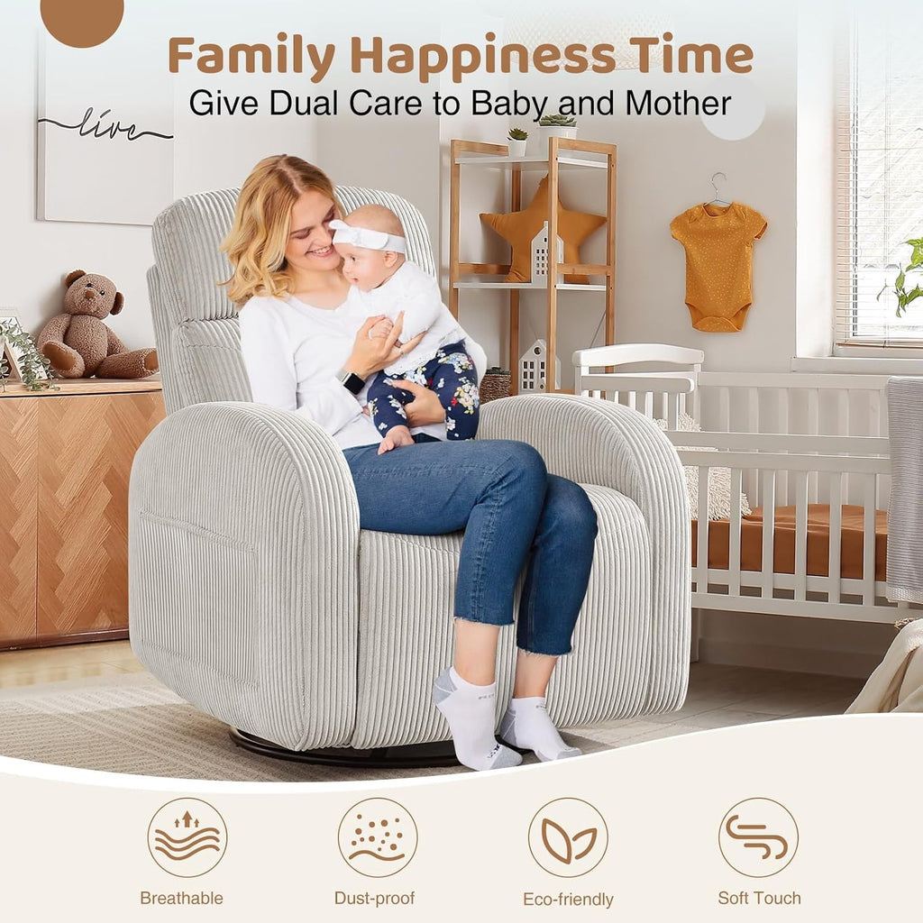 Swivel Rocker Recliner for Nursery, Glider Recliner Nursery Chair, Rocking Recliner Chairs with Double Pockets for Living Room, Camel Corduroy