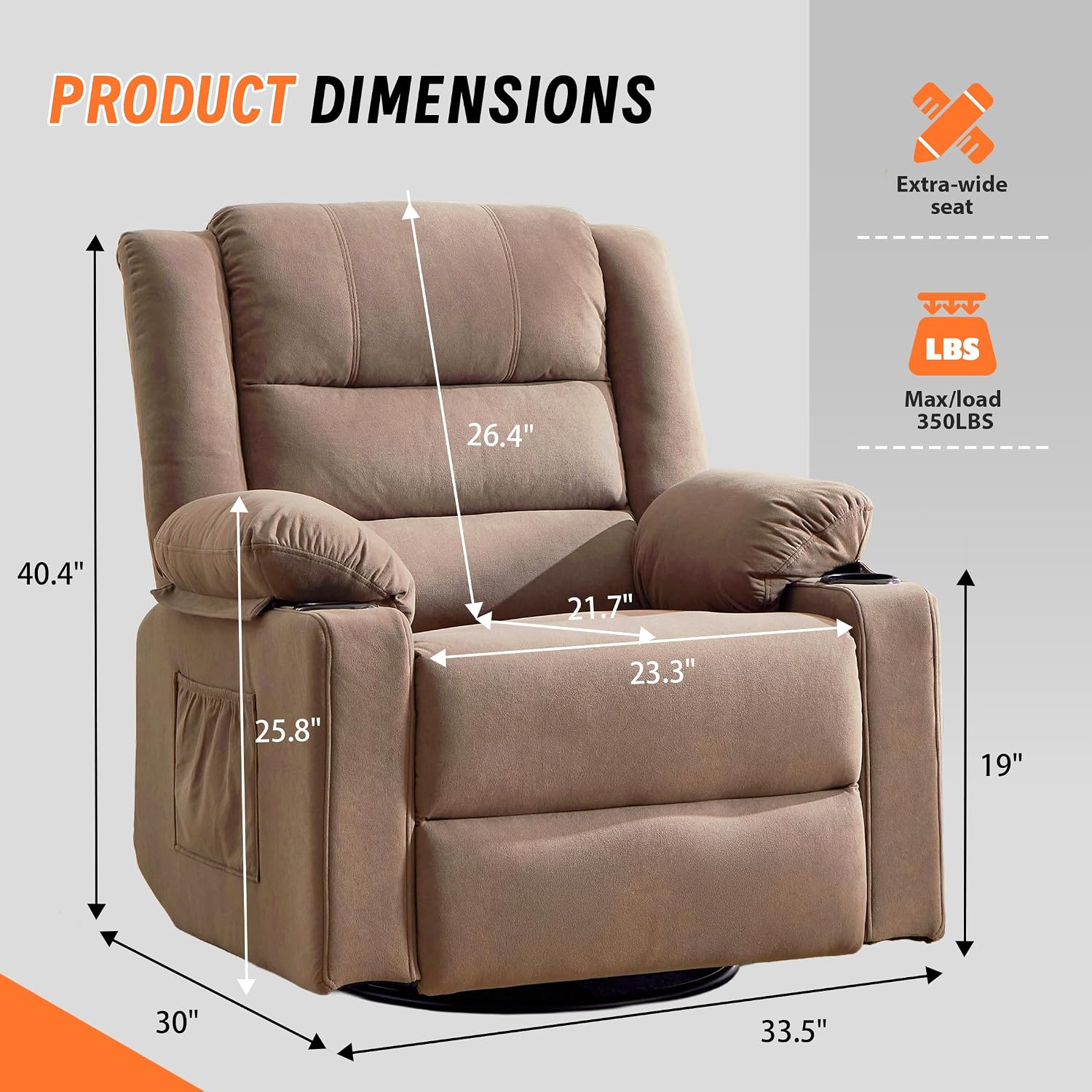 360°Swivel Rocker Recliner Chair for Adults,Manual Glider Recliner Sofa with Massage and Heating, Nursery Rocking Chairs with Cup Holds for Living Room Bedroom (Light Mocha)