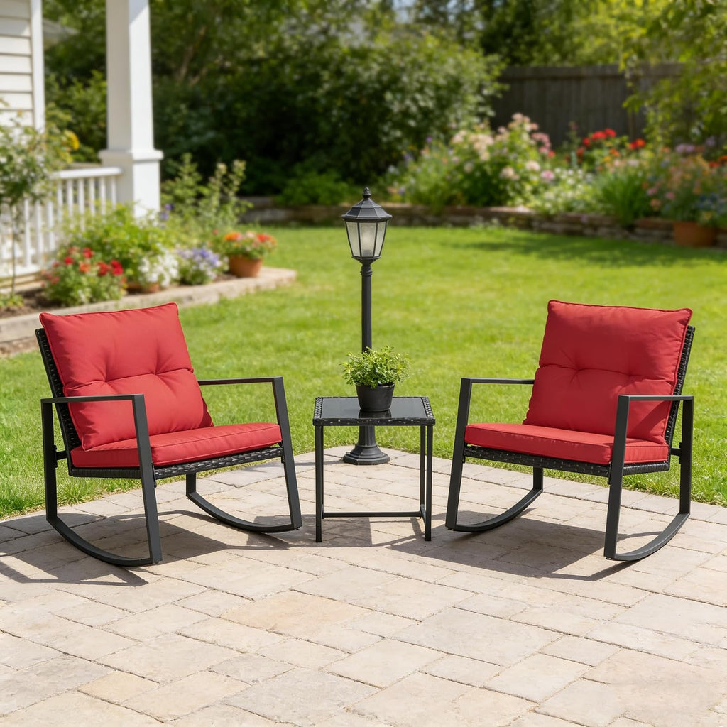 SUNCROWN 3 Piece Outdoor Rocking Bistro Set Black Wicker Furniture Porch Chairs Conversation Sets with Glass Coffee Table, Red