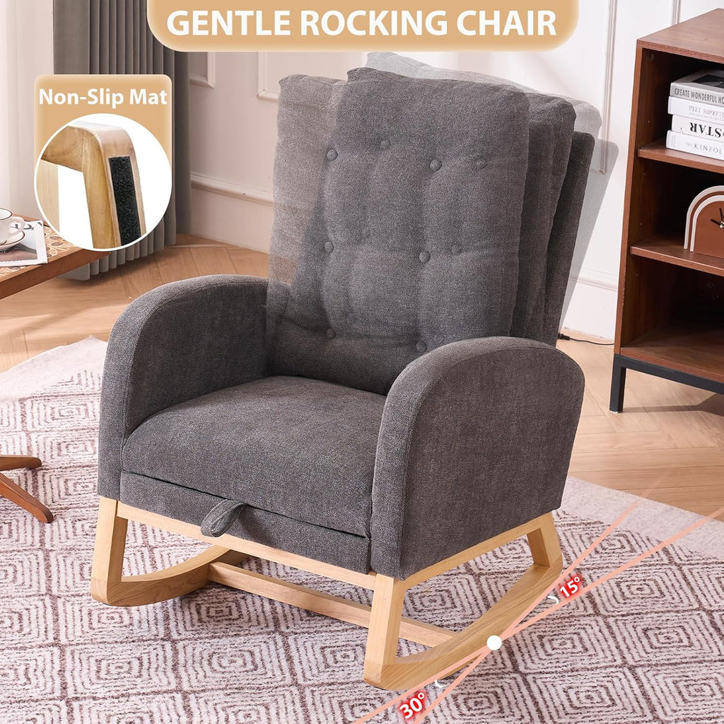 cinkehome Nursery Rocking Chair with Retractable Foot Rest, Glider Rocking Chair with Solid Wood Legs, High Back, Button Decors, Mid Century Rocker Chair, Grey