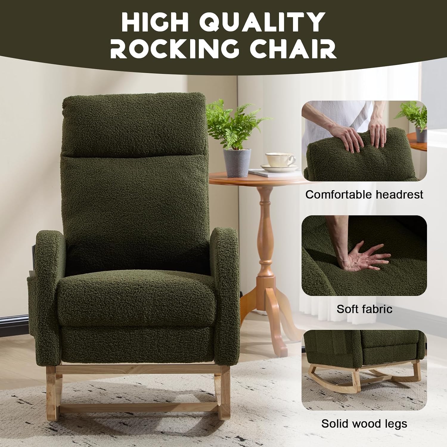 Rocking Chair Nursery with Foot Rest, Sherpa Nursing Rocking for Mom Nursery Rocker Chair with High Backrest, Armchair Rocker Glider with Side Pocket for Living Room, Bedroom, Teddy Green
