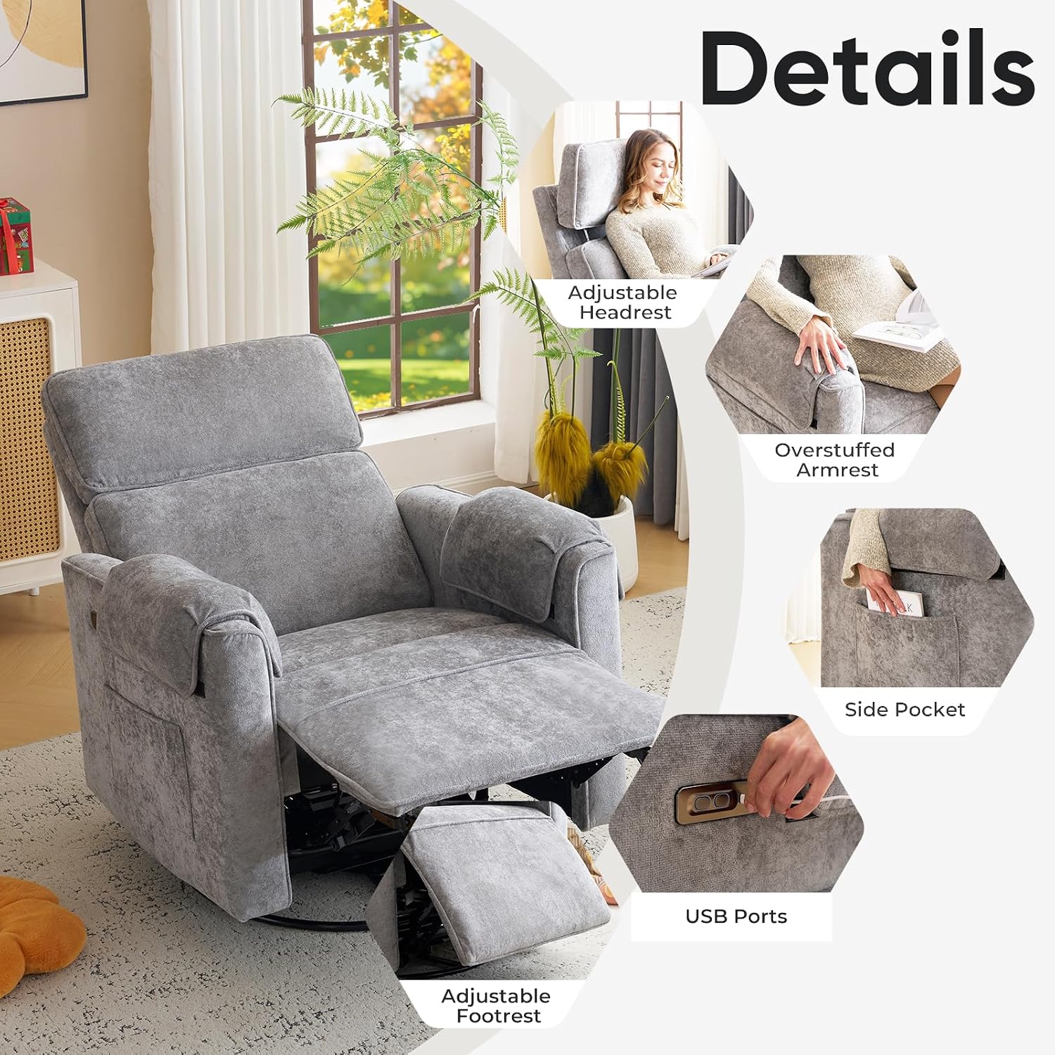 Oversized Power Recliner Chair, 26' Extra Wide Swivel Rocker Recliner with Adjustable Headrest, Chenille Glider Rocking Nursery Chair with Overstuffed Armrest, USB Ports, Grey