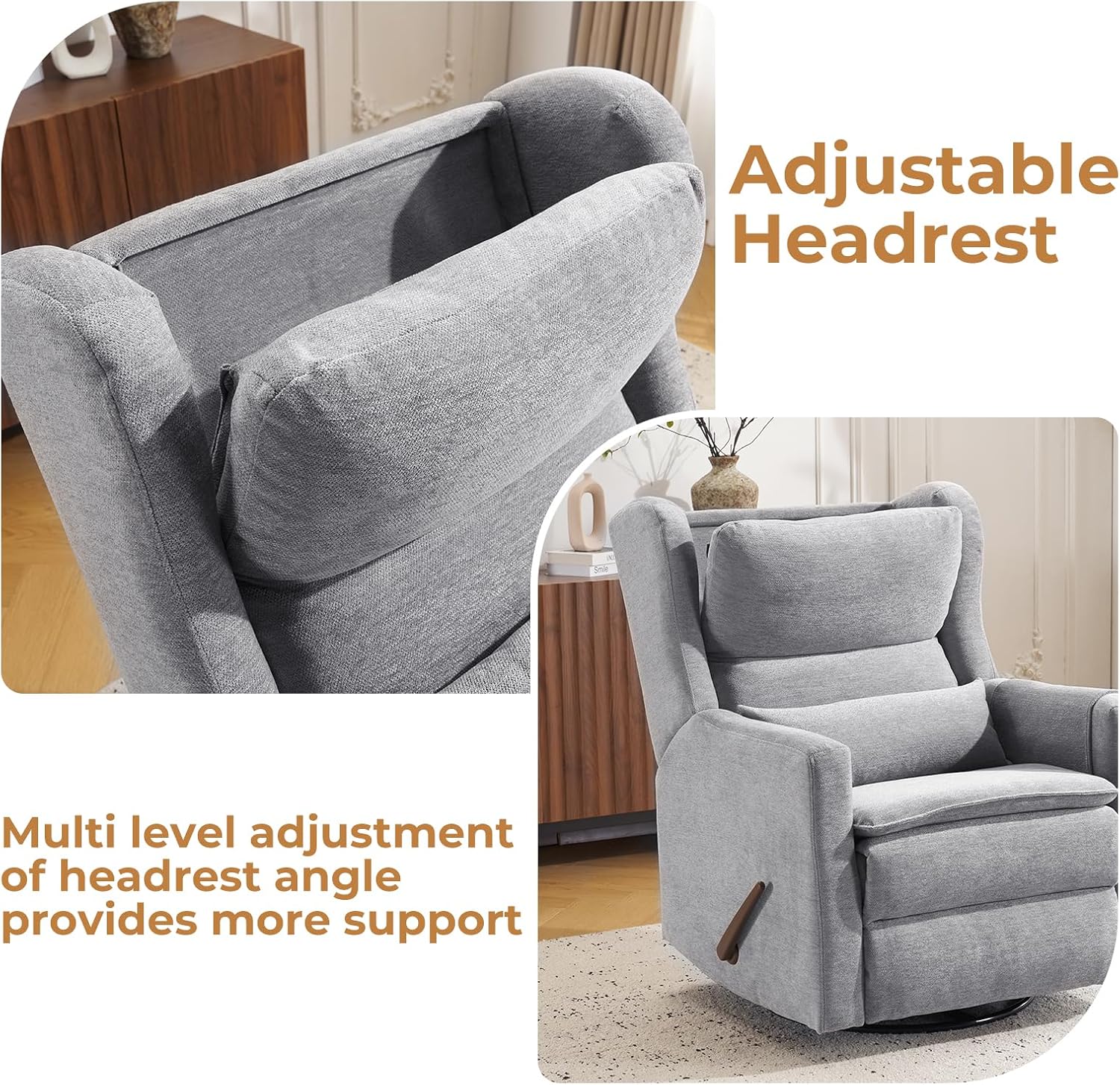 Large Glider Rocker Recliner,Rocking Chair Nursery with Adjustable Headrest,Swivel Rocker Recliner with Lumbar Support,Manual Nursery Rocker Recliner for Living Room& Bedroom,Grey