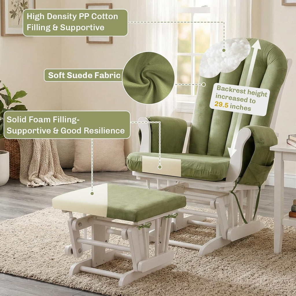5PCS Suede Glider Rocker Replacement Cushions with 29.5' High Backrest & Side Pockets, Thickened Soft Glider Rocking Chair Cushions with Ottoman Cushion for Indoor Nursery Rocking Chair, Green