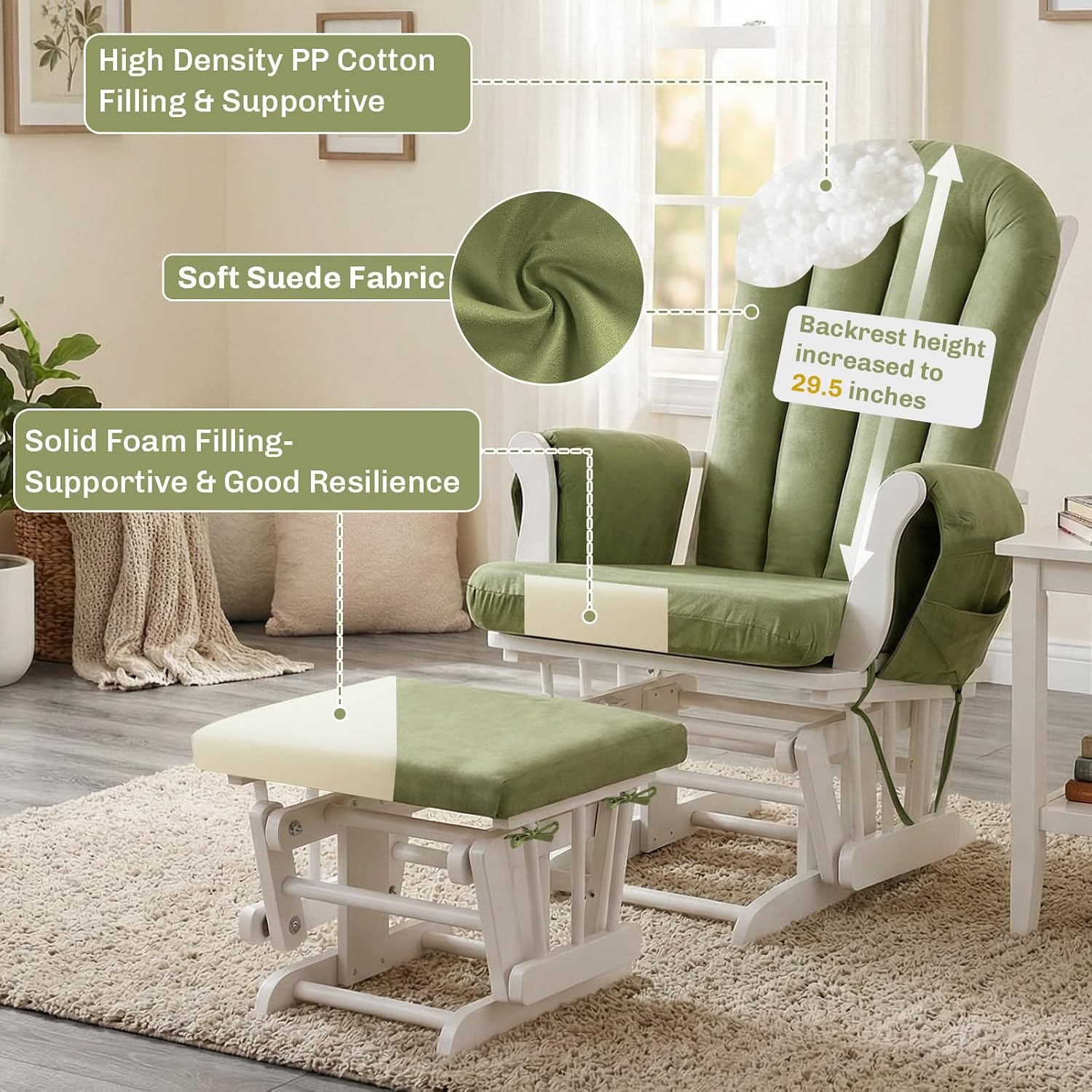 5PCS Suede Glider Rocker Replacement Cushions with 29.5' High Backrest & Side Pockets, Thickened Soft Glider Rocking Chair Cushions with Ottoman Cushion for Indoor Nursery Rocking Chair, Green