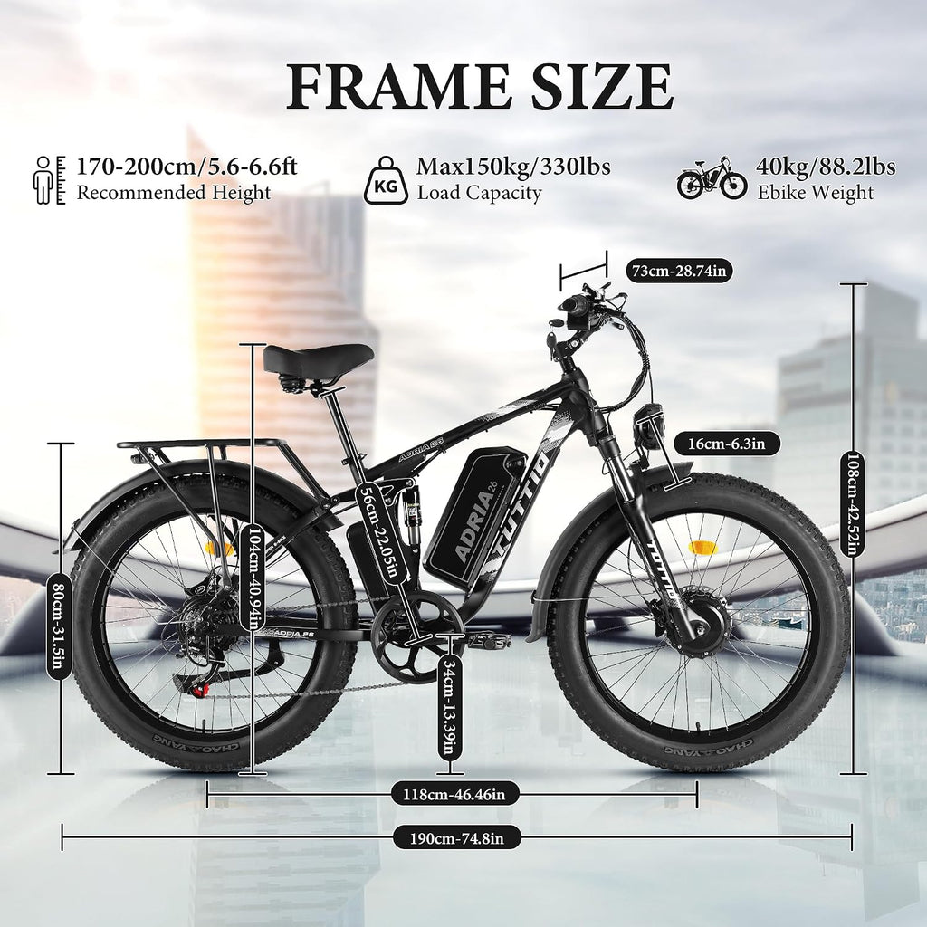 Tuttio-Adria26 6000W/5000W Peak Dual-Motor Ebike for Adults - 52V Fast Ebike, Long-Range Electric Bicycle, Full Suspension, 26 Inch Fat Tire Bike for Off-Road, Mountain, Snow, Hunting, Commuting
