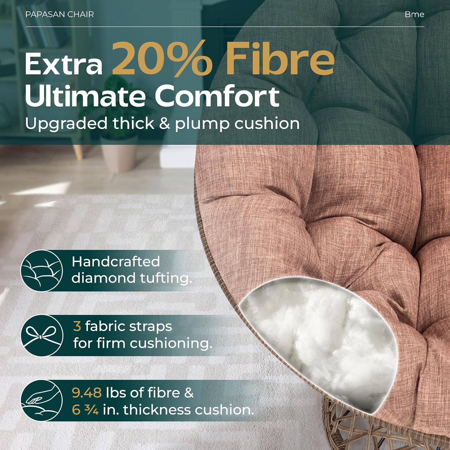 Bme 40' Ergonomic Wicker Papasan Chair with Soft Thick Density Fabric Cushion, High Capacity Steel Frame, 360 Degree Swivel for Living, Bedroom, Reading Room, Lounge, Cinnamon Mocha - Brown Base