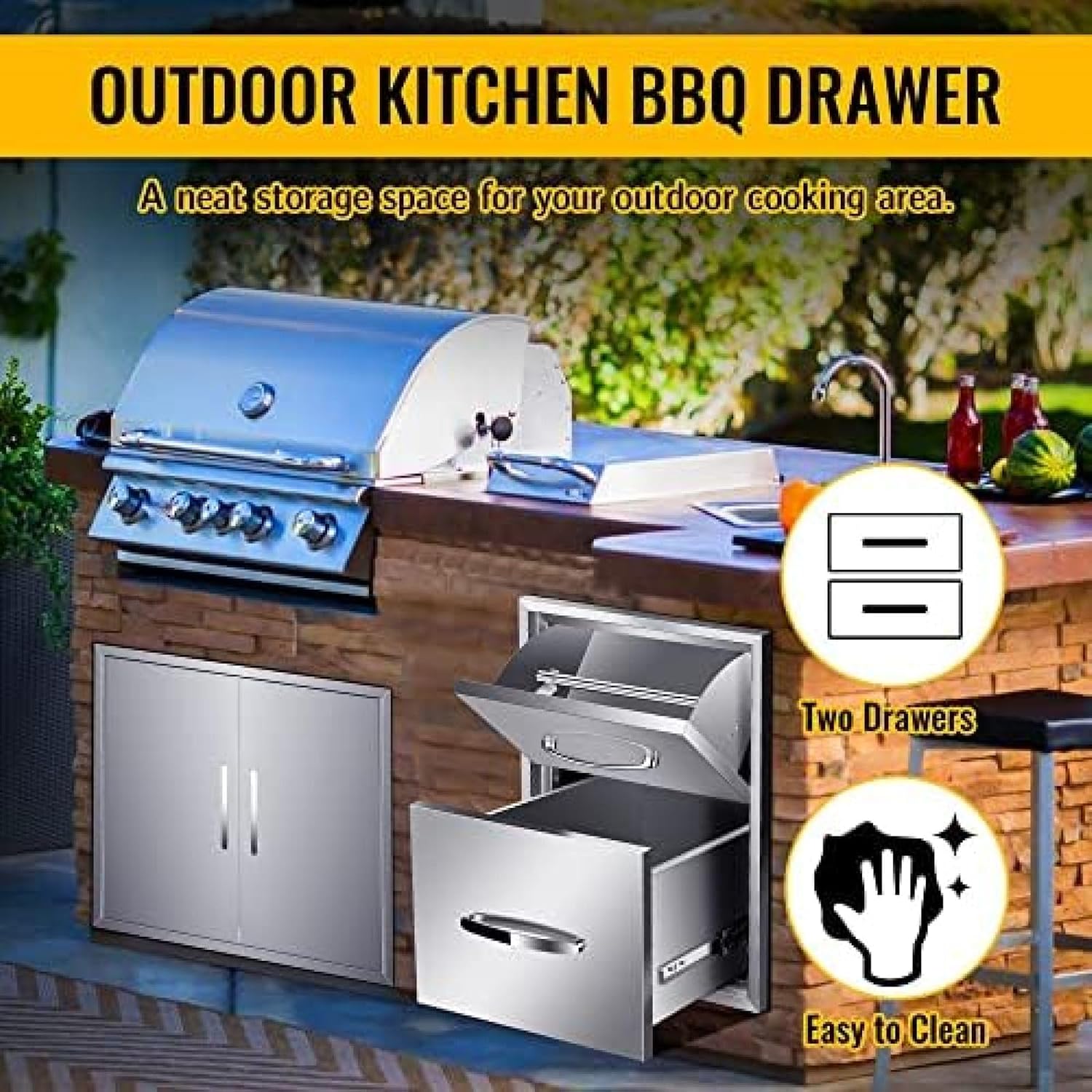 Outdoor Kitchen Drawer BBQ Drawer Outdoor Kitchen Access Drawers Horizontal- Stainless Steel Double Drawers for Outdoor Kitchen Grilling Station Or BBQ Island,16Wx20Dx20H