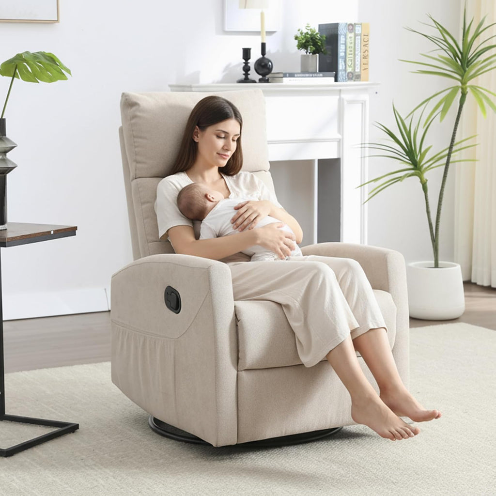 360° Swivel Rocker Recliner Chair for Small Spaces, Manual Reclining Chair for Adults, Rocking Glider Chair for Nursery, Living Room, Bedroom, Polyester Fabric Cream Beige