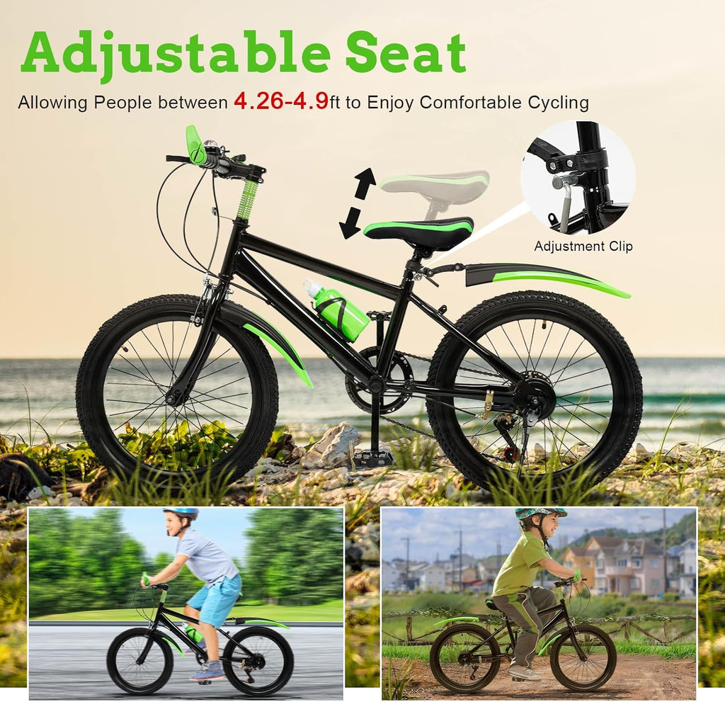 20 Inch Kids Mountain Bike - 7-Speed Children's Bike w/Dual Disc Brakes - Heavy Duty Steel Frame for Boys & Girls Age 8-12 - Trail/City Riding (Green)