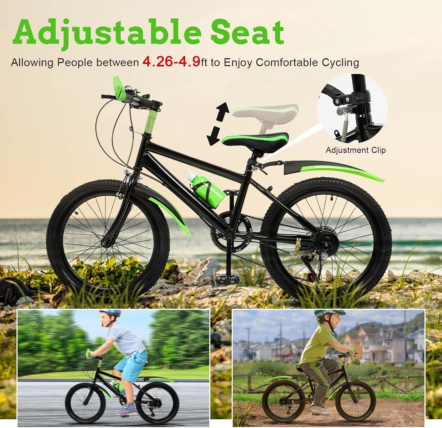 20 Inch Kids Mountain Bike - 7-Speed Children's Bike w/Dual Disc Brakes - Heavy Duty Steel Frame for Boys & Girls Age 8-12 - Trail/City Riding (Green)