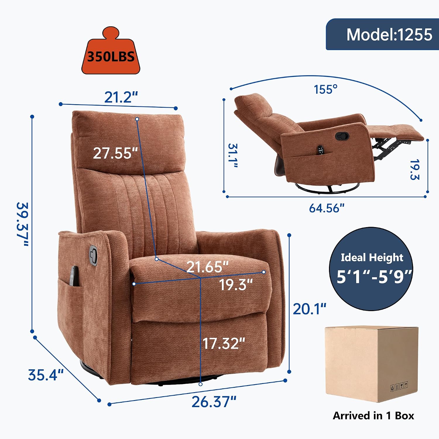 Manual Swivel Rocker Recliner Chair for Adults, Overstuffed Reclining Glider Chair for Nursing with Vibration Massage & Heat, Living Room Rocking Recliner 2-Stage backrest, Chenille Fabric Orange