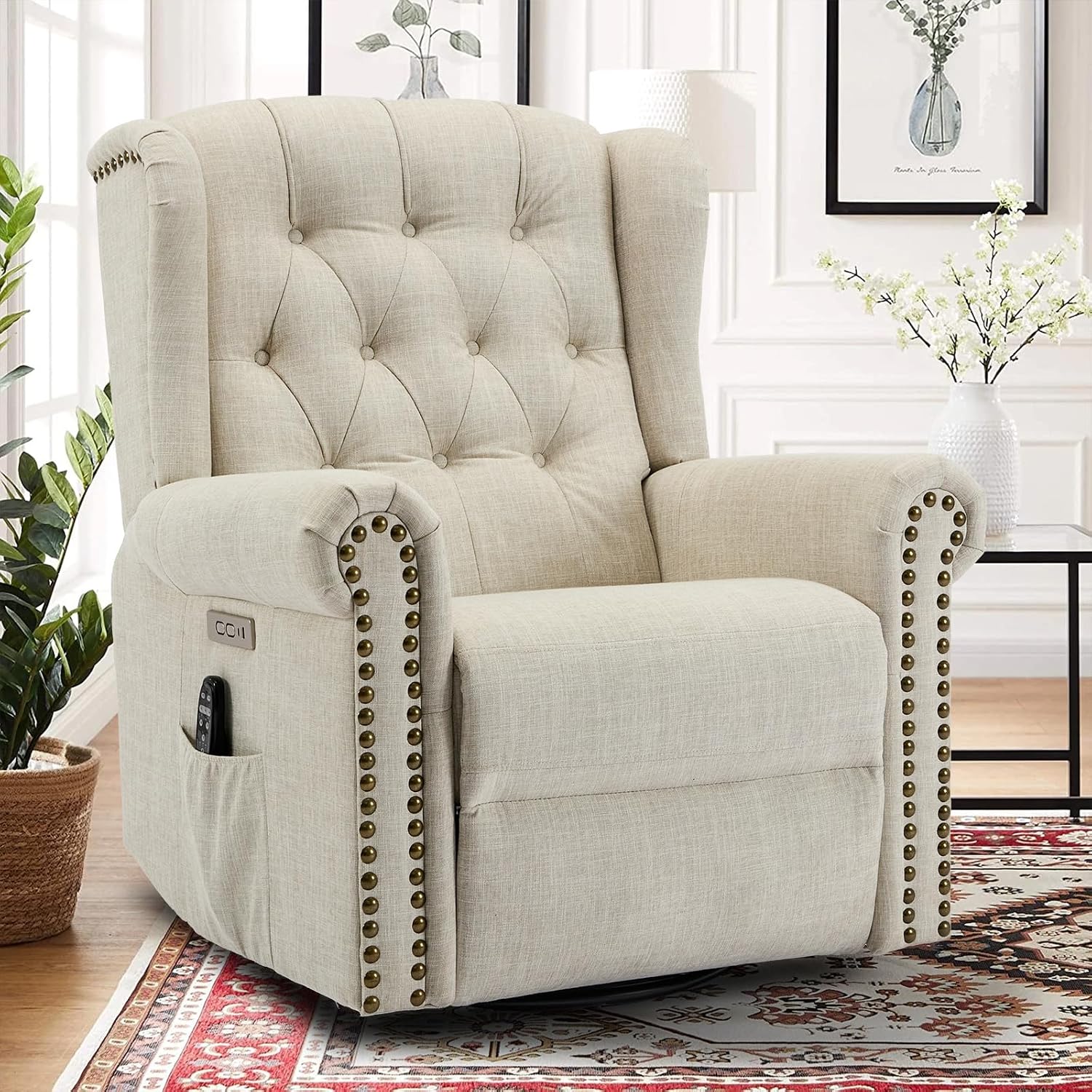 Power Swivel Rocking Glider Recliner Chair with Massage and Heat, Electric Nursery Glider Rocker for Living Room, Wingback Tufted Upholstered Recliner Chair with Type-C & USB Ports, Beige