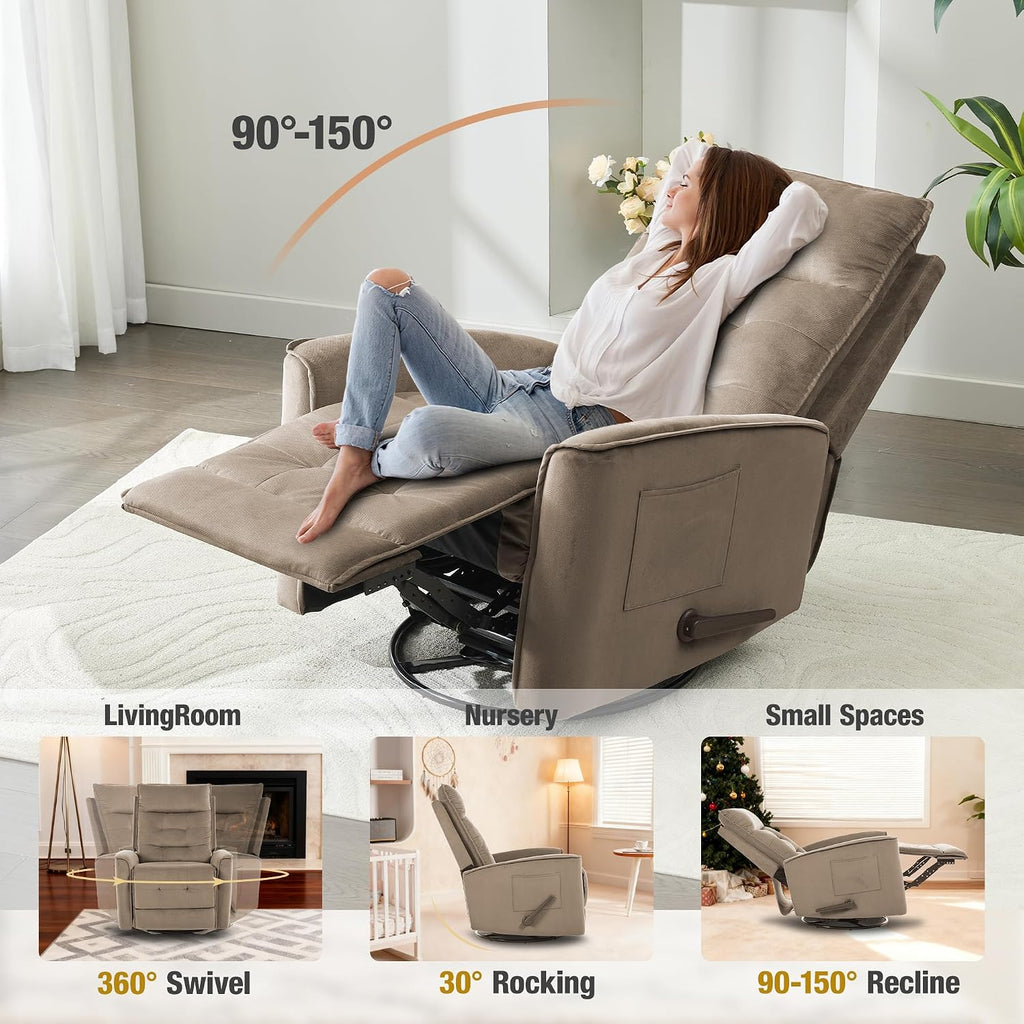 Swivel Rocker Recliner Chair for Adults, Glider Rocking Chair for Nursery, Small Recliner Chair for Small Spaces, RV, Living Room(Brown)