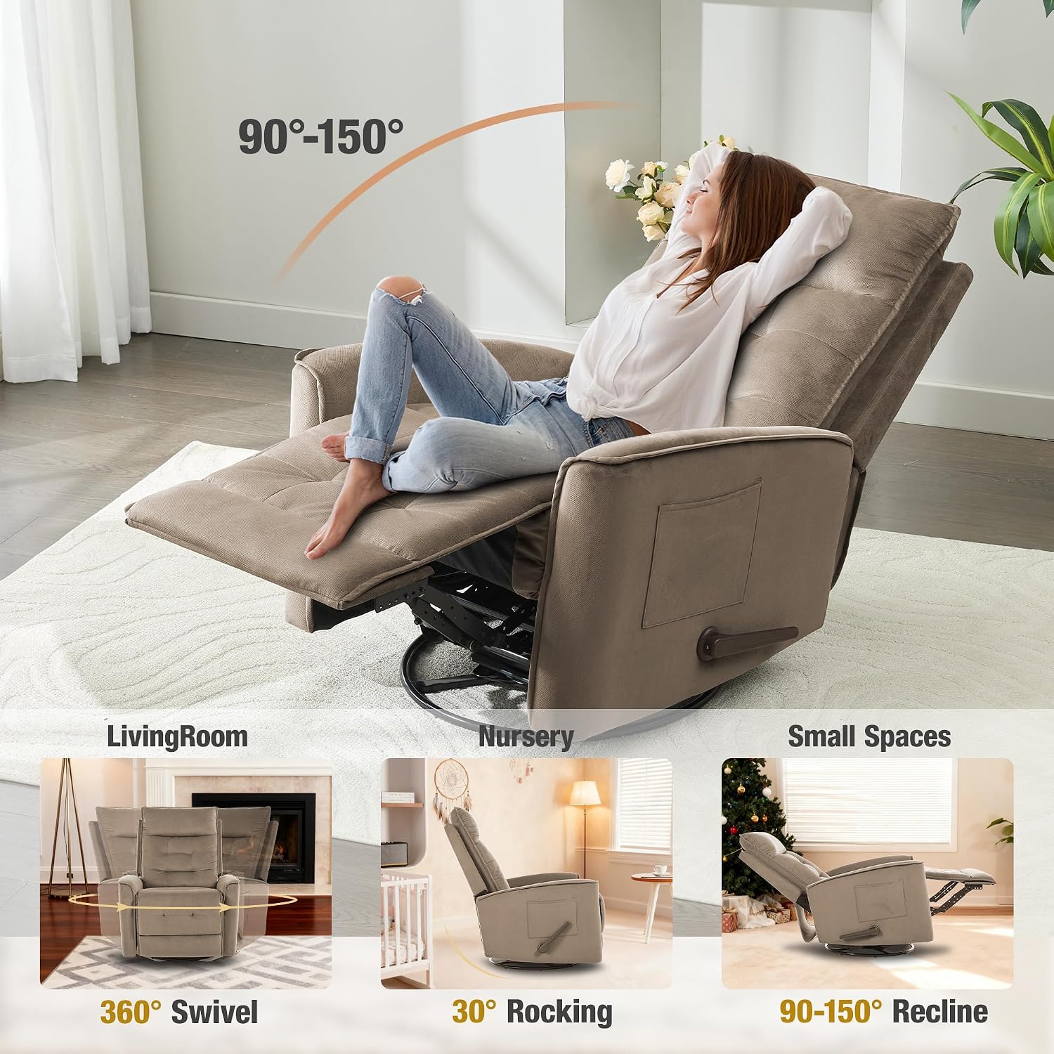 Swivel Rocker Recliner Chair for Adults, Glider Rocking Chair for Nursery, Small Recliner Chair for Small Spaces, RV, Living Room(Brown)