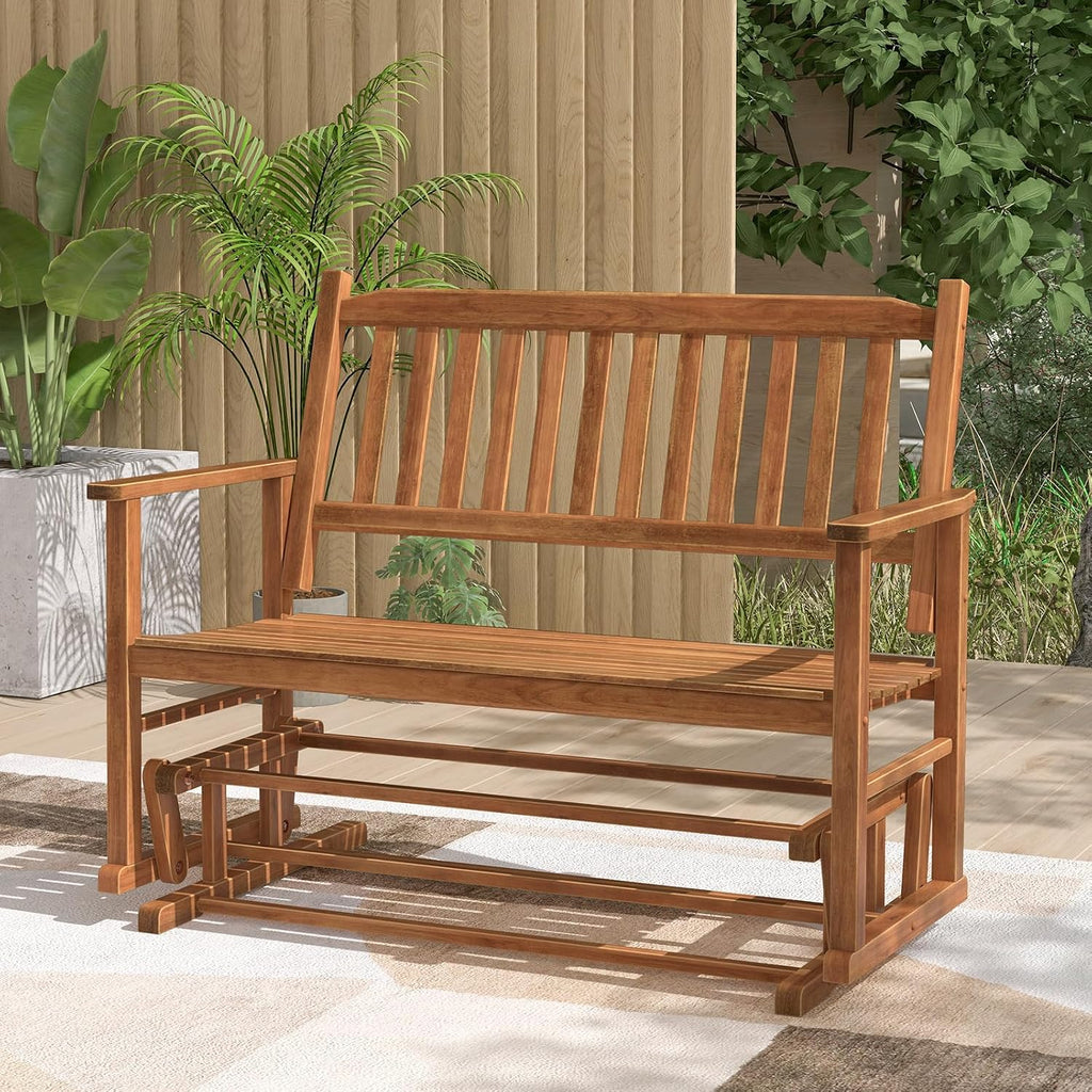 Giantex Outdoor Glider, Patio Glider Bench with Safe Gliding, Slatted Seat & Backrest, 2-Person Loveseat, Glider Rocking Chair, Outside Swing Chair for Garden Yard Lawn Porch Patio Rocker, Natural