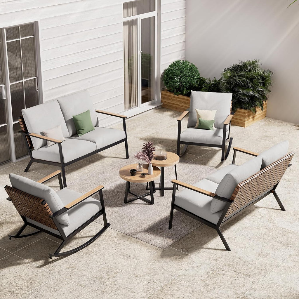 Grand patio Outdoor Rocking Chairs, 6-Piece Leather-Look Patio Bistro Set Outdoor Furniture Conversation Sets with Loveseat, 2 Rocking Chairs and 2 Faux Wood Grain Coffee Table, 4.75'' Grey Cushions