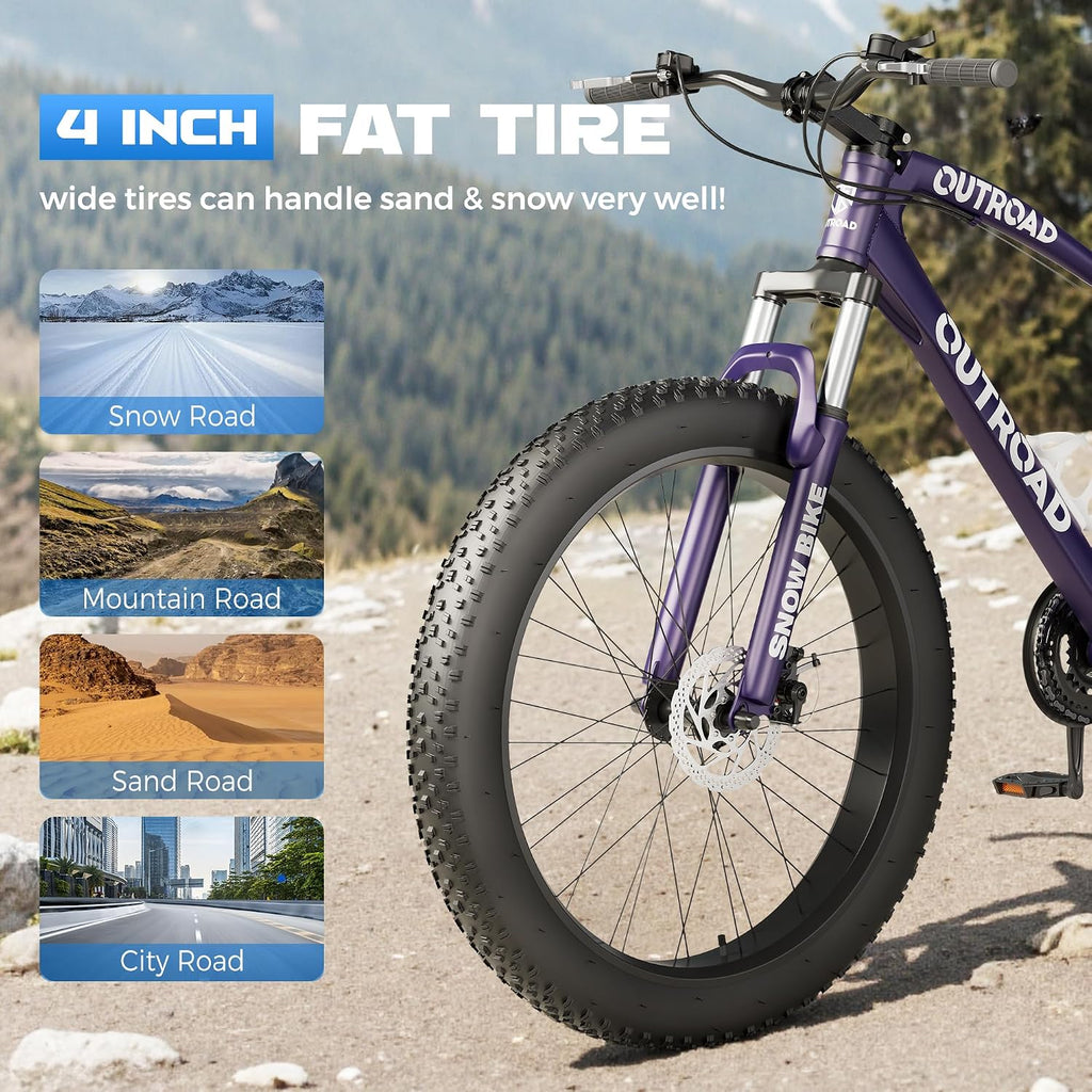 Betterland Outdoor 26 Inch Wheels Fat Tire Mountain Bike, 21-Speed Bicycle with Dual Front Suspension, High Carbon Steel Frame with Double Disc Brake and Anti-Slip Bicycle for Adults