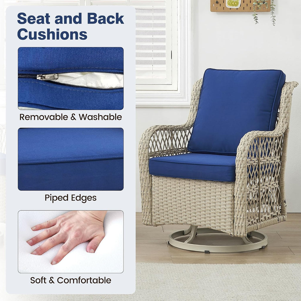GAOMON 3 Piece Outdoor Patio Set, Wicker Rocking Bistro Set with 2 Swivel Chairs & Tempered Glass Top Table, Rattan Outdoor Furniture with Cushions for Patio Porch Backyard,Beige/Light Blue Cushion