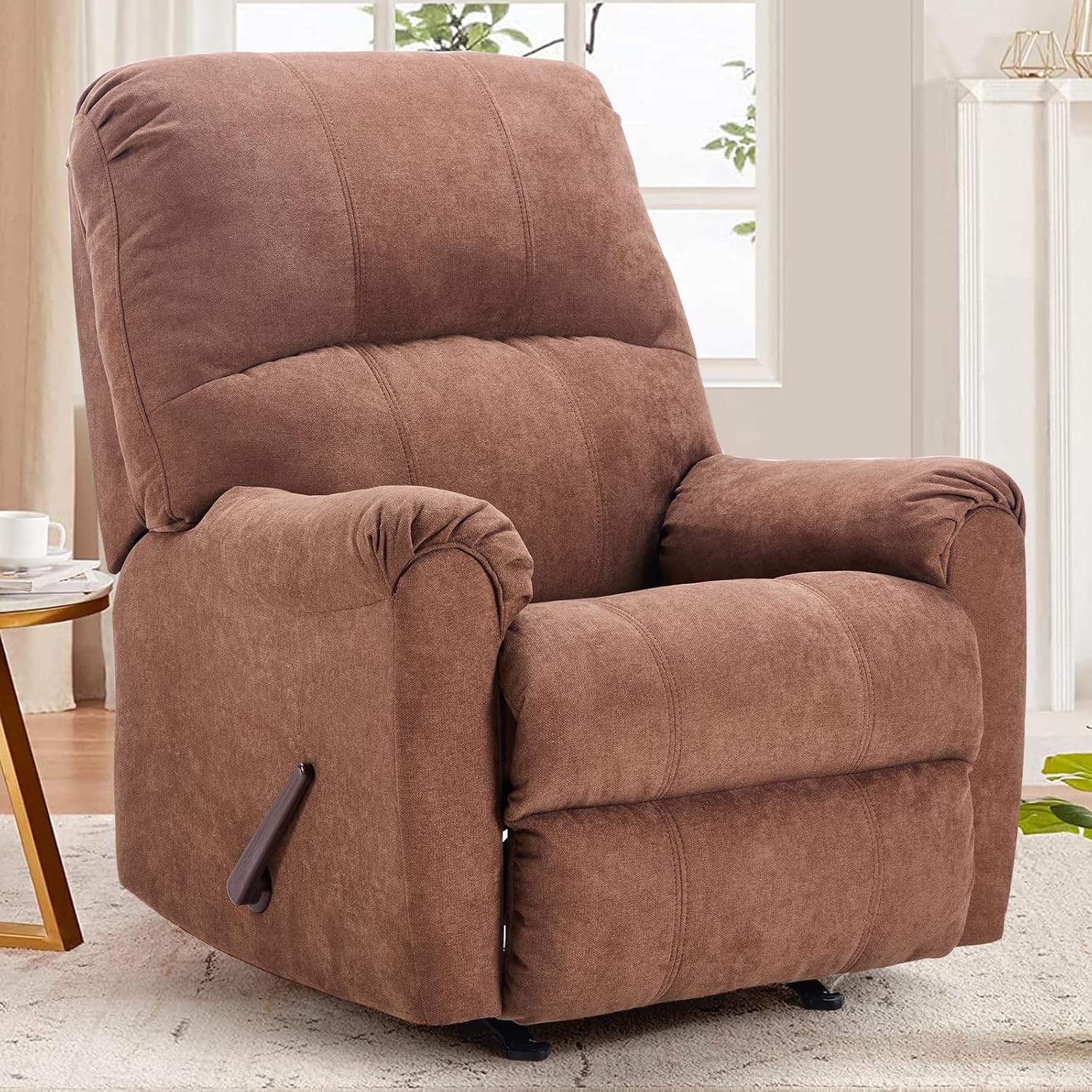 CANMOV Rocker Recliner Chair, Manual Recliner Chair with Overstuffed Back and Arms for Adults, Nursery Rocking Glider Reclining Single Sofa for Living Room, Brown