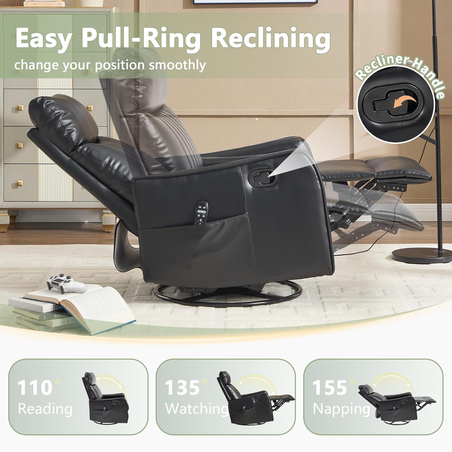 cinkehome Heated Massage Swivel Rocker Recliner Chair for Nursery - Small Space Reclining Chair with Lumbar Support, 360° Swivel & Gentle Rocking, Ergonomic High Back Faux Leather Black